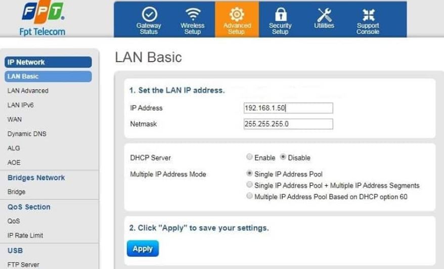 Giao diện modem FPT