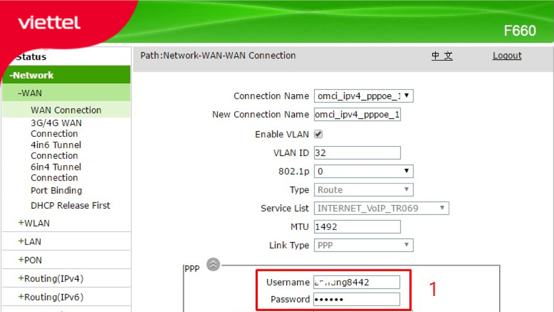 Giao diện modem Viettel
