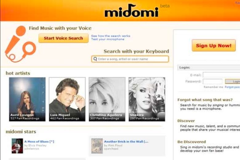 Giao diện trang web Midomi