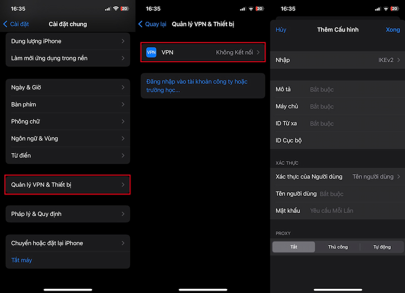 Cài đặt VPN trên thiết bị